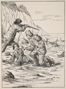 Robinson Crusoe und Freitag retten den Spanier, Illustration aus Die Geschichte von Robinson Crusoe: Eine Adaption für Kinder nach Defoes Sprache, veröffentlicht von Griffith Farran Browne & Co. Limited, London