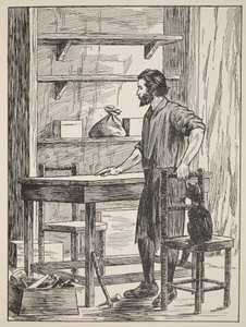 Robinson Crusoe baut Tisch und Stühle für seine Höhle, Illustration aus Die Geschichte von Robinson Crusoe: Eine Adaption für Kinder nach Defoes Sprache, veröffentlicht von Griffith Farran Browne & Co. Limited