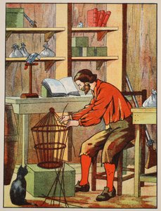 Robinson Crusoe baut einen Käfig für seinen Papagei, Illustration aus Die Geschichte von Robinson Crusoe: Eine Adaption für Kinder nach Defoes Sprache, veröffentlicht von Griffith Farran Browne & Co. Limited, London von English School