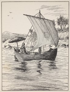 Robinson Crusoe auf seinem Boot, Illustration aus Die Geschichte von Robinson Crusoe: Eine Adaption für Kinder nach Defoes Sprache, veröffentlicht von Griffith Farran Browne & Co. Limited, London