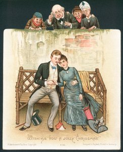 Romantisches Paar auf Sitz wird beobachtet, Weihnachtskarte von English School
