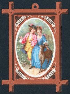 Romantisches Paar mit Hirsch, Weihnachtskarte von English School