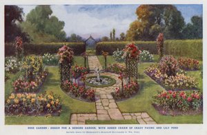 Rosengarten, Entwurf für einen umhegten Garten, mit zusätzlichem Charme von verrücktem Pflaster und Seerosenteich von English School