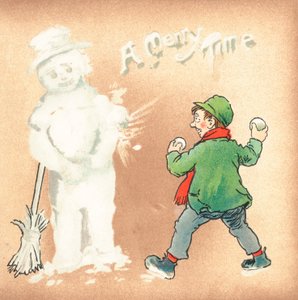 Rauher Junge wirft Schneebälle auf Schneemann, Weihnachtskarte
