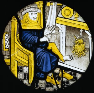 Rundbild, das den Monat Februar darstellt, Ende des 15. Jahrhunderts (Buntglas)