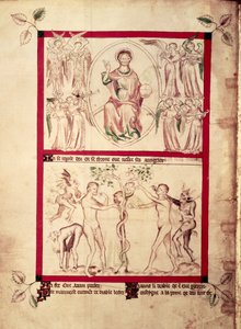 Gott in einer Mandorla umgeben von musizierenden Engeln, Versuchung Evas, aus dem Queen Mary Psalter, ca. 1310-20 von English School
