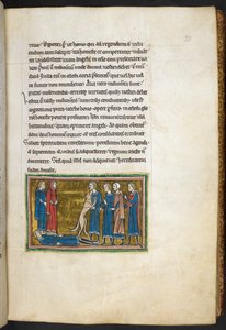 Royal 12 F.XIII, f.33 Hund identifiziert einen Mörder., aus Bestiarium (ff. 3-141), Lapidarium (ff. 141v-149), 2. Viertel des 13. Jahrhunderts (Pergament) von English School
