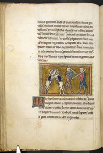 Zwei Ritter kämpfen zu Fuß mit Schwertern, während ihre Pferde auf den Hinterbeinen kämpfen, aus Bestiarium (ff. 3-141), Lapidarium (ff. 141v-149), 2. Viertel des 13. Jahrhunderts von English School