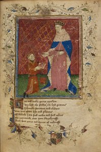 Thomas Hoccleve kniet und überreicht sein Buch König Heinrich V., Illustration aus 