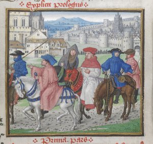Ende des Prologs. John Lydgate und die Canterbury-Pilger verlassen Canterbury, Illustration aus 