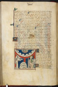 Ein Löwenmaul und auf einem umgekehrten Bogen aus Wolken sechs Köpfe, die die sieben Donner darstellen: unten links der Engel und rechts Johannes, der im Begriff ist, in das Buch zu schreiben, aus 
