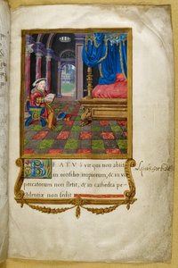 Royal 2 A. XVI, f.3 König Heinrich VIII. sitzt lesend in seinem Schlafzimmer, Illustration aus dem 
