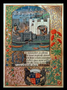 Turm von London und Schiffe, mit Charles, Herzog von Orleans, der im Turm schreibt, aus den Gedichten von Charles Herzog von Orleans, c.1500