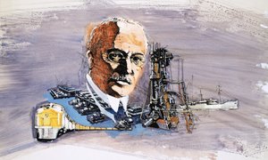 Rudolf Diesel vor dem Hintergrund von Zügen, Booten und Docks von English School