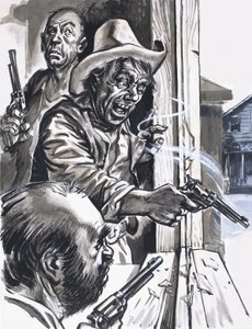 Raufbold-Cowboys schießen aus dem Fenster