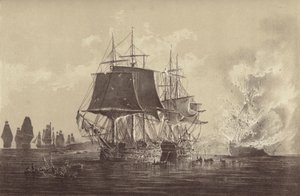 Russisches Schiff Vsevolod zerstört in Anwesenheit der russischen Flotte nach dem Gefecht mit der HMS Implacable, angegliedert an die schwedische Marine und kommandiert von Kapitän Thomas Byam Martin, in der Ostsee, 26. August 1808 von English School
