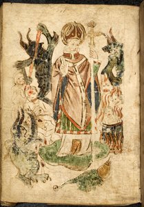 Saint Patrick, im Bischofsgewand, hält ein Kruzifix und macht eine Segensgeste, steht auf der Insel Lough Derg, Donegal (Irland), umgeben von Dämonen und gequälten Seelen. Bild aus ""Purgatorium des Heiligen Patrick"", englisches Manuskript von English School