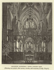 Salisbury Kathedrale, Chor, Blick nach Osten, zeigt neue Kanzel, Chorschranke, Reredos und Fenster der Lady Chapel von English School