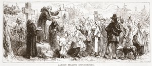 Samson verkauft Ablässe, Illustration aus Die Geschichte des Protestantismus von James Aitken Wylie, veröffentlicht 1878 von English School