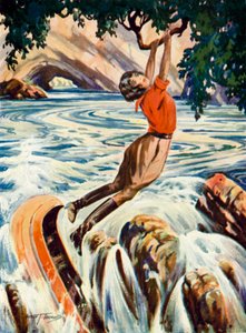 Szene aus The Tenderfoot: Eine Frau vermeidet es, mit ihrem Kanu über einen Wasserfall zu fahren, indem sie den überhängenden Ast eines Baumes ergreift (Farblithografie) von English School