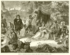 Szene in den Highgate-Feldern während des Großen Brandes von London, 1666 von English School