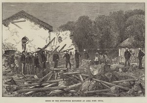 Szene der Pulverexplosion im Fort Agra, Indien (Stich) von English School