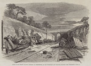 Szene des kürzlichen Eisenbahnunfalls in Winchburgh auf der Edinburgh und Glasgow Eisenbahn (Stich) von English School