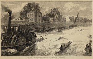 Rennen der Ruderer um die Meisterschaft der Themse, das Ziel von English School