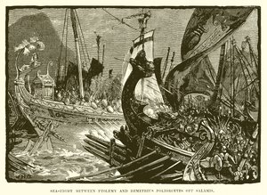 Seeschlacht zwischen Ptolemaios und Demetrios Poliorketes vor Salamis von English School