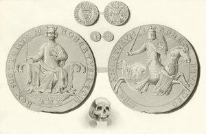 Siegel, Münzen und Schädel von König Robert Bruce von English School