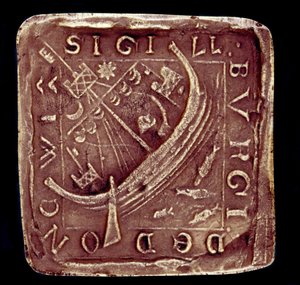 Siegel der Stadt Dunwich in Suffolk. Ein Schiff ist in einem stürmischen Meer dargestellt, wahrscheinlich ein Hinweis auf die Stürme, die Teile der Stadt 1286 und 1347 zerstörten. 14. Jahrhundert. Paris, Nationalarchiv von English School