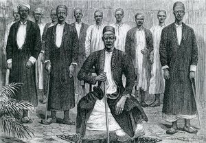 Sekebobo, Häuptling von Chagwe, Mtesa, Häuptling von Uganda, Chambarango und Pokino, der Premierminister (Gravur)