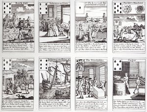 Kartenspiel mit satirischen Szenen aktueller kommerzieller Unternehmungen und Investitionen