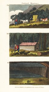 Siedler in einem Wagen auf dem Weg in die westlichen Staaten, Siedler bauen eine Blockhütte und Blick auf die Mammuthöhle in Kentucky von English School