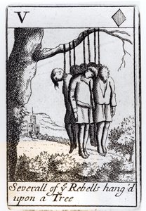 Mehrere Rebellen, die an einem Baum aufgehängt sind, Fünf-Herz-Spielkarte aus einem Set zur Erinnerung an Monmouths Rebellion im Jahr 1685 von English School