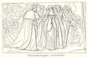 Verlorene Liebesmüh; Die französische Prinzessin überreicht Ferdinand ein Dokument ihres Vaters (Stich)