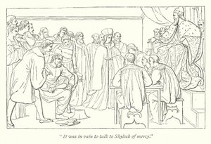 Shakespeares Der Kaufmann von Venedig; Gerichtshof, der Doge lädt Portia zu ihrem Platz ein