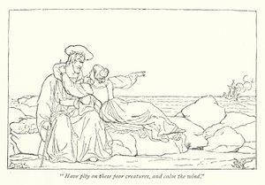 Shakespeares Der Sturm; Miranda bittet ihren Vater, den Wind zu beruhigen (Gravur) von English School