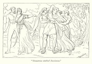 Shakespeares Titus Andronicus; Demetrius, angestiftet von Tamora, ermordet Bassianus (Gravur) von English School