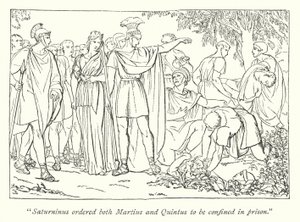Shakespeares Titus Andronicus; Martius und Quintus werden wegen des Mordes an Bassianus verhaftet (Gravur) von English School