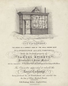 Laden von Samuel Knights, Druckhändler und Rahmenmacher, 3 Sweetings Alley, Cornhill, City of London von English School