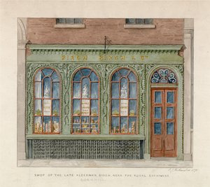 Laden des verstorbenen Stadtrats Birch in der Nähe der Royal Exchange. 1871 von English School