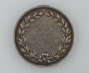 Silbermedaille des Patriotic Fund zur Erinnerung an das Bündnis zwischen England und Frankreich 1854, verliehen vom Bürgermeister von Dover, 1855 von English School