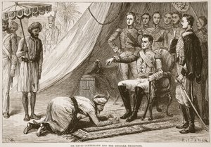 Sir David Ochterlony und der Ghoorka-Bote, Illustration aus Cassells Illustrierter Geschichte Indiens von James Grant, veröffentlicht 1879 von English School