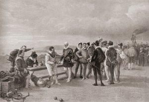 Sir Francis Drake spielt Bowls, mit der spanischen Armada in Sichtweite in Plymouth Hoe, England, 1588
