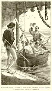 Sir John News kommt als Botschafter der Rebellen am Flusspostern des Turms an von English School