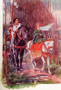 Sir Lancelot und Königin Guinevere. Farbige Illustration aus dem Buch The Gateway to Tennyson, veröffentlicht 1910 von English School
