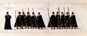 Sir Walter Raleigh, Hauptmann der Garde, und die Garde. Teil des Trauerzugs von Königin Elisabeth I. zur Westminster Abbey, 28. April 1603 von English School