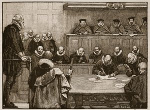 Sir Walter Raleigh vor den Richtern, Illustration aus Cassells Illustrierter Geschichte Englands