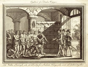 Sir Walter Raleigh befreit fünf indianische Könige, die alle miteinander verbunden waren (Gravur) von English School